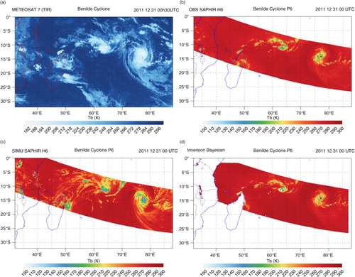 Fig. 11 (a) Observed METEOSAT-7 Infra-Red brightness temperature at 11.5µm at 0000 UTC 31 December 2011 for tropical cyclone Benilde. (b) Observed, (c) simulated and (d) retrieved with a Bayesian inversion of channel H6 microwave SAPHIR brightness temperature for the same event.