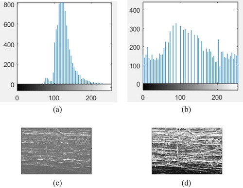 Figure 2. Comparison of the images and histograms of the gray images processed by histogram equalization (a) Histogram gray alfalfa image of the original image (b) Enhanced histogram of the alfalfa image (c) Gray alfalfa image (d) Enhanced alfalfa image.