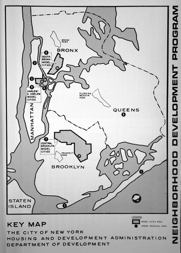 Figure 1. Map locating the three Model Cities Areas in New York, published in Community Development Program: A Progress Report, 1968. Source: NYC Municipal Library.