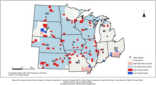 Figure 7. 2010 Midwestern states neighborhood deprivation Anselin Moran's I results.