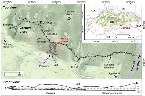 Figure 1. Location of the Domica cave, integrating data from airborne and TLS missions. Basemap: GKÚ, Esri Hillshade, OpenStreetMap.