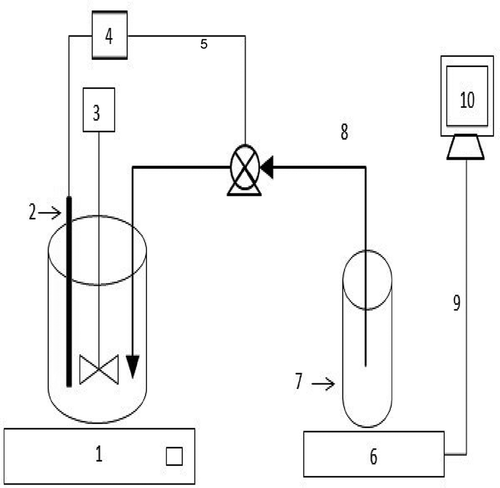 Figure 1. Schematic drawing of the experimental setup: (1) heating plate, (2) pH electrode, (3) reaction vessel with a stirrer containing IBSW, (4) pH controller, (5) peristaltic pump, (6) electronic balance, (7) HCl acid solution beaker, (8) plastic tubing, (9) cable, (10) computer.
