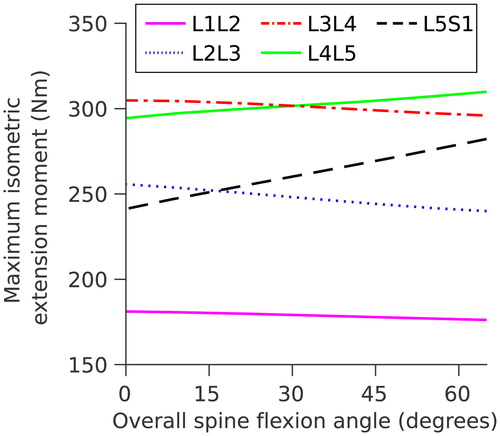 Figure 4. Maximum isometric extension moments at each lumbar level as a function of overall spine flexion.