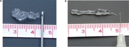 Figure 3 (A) Restylane SubQ®, a large-granule product, for deep dermal placement. (B) Juvederm Ultra 2®, a finer product for more superficial use. Note the difference in texture and the needles used for insertion; the former is placed using a cannula, whilst the latter is injected using a fine-gauge needle.