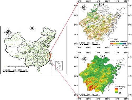 Figure 1. (a) Meteorological stations, (b) bamboo abundance distribution and (c) elevation data of Zhejiang Province.