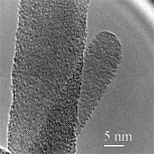 Figure 2. HRTEM image of silicon nanowire showing crystalline core and thin amorphous oxide at the edges of the wire.