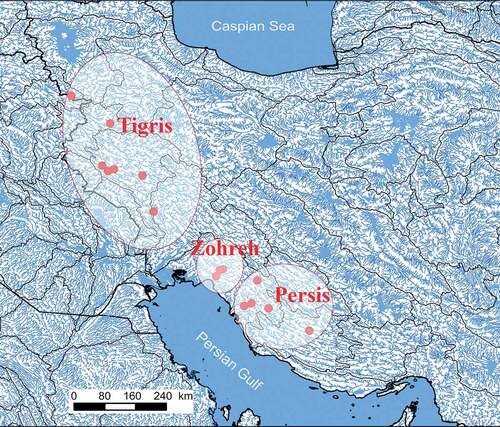 Figure 1. Sampling localities of the Mesopotamian spiny eel from Iran. Red circles indicate sampling locations defined in Table I.