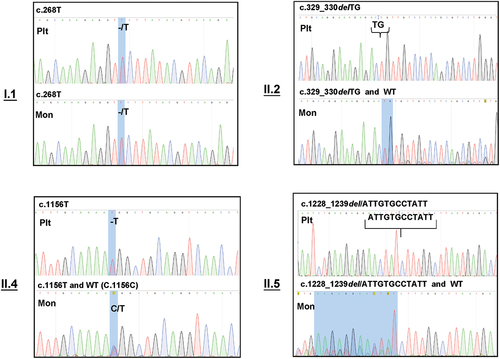 Figure 3. Sequencing analysis of cDNA from platelets and monocytes derived from individuals with type I (n = 1) and type II (n = 3) CD36 deficiency. Platelet (Plt) and monocyte (Mon) cDNA was amplified using PCR (see Materials and Methods) and subjected to nucleotide sequencing analysis, as described above. Please note that only mutant transcripts were found in the platelets and monocytes of type I individuals. In type II individuals, mutant transcripts were also detected in platelets, whereas monocytes harbored both mutant and wild-type transcripts.