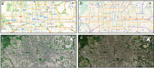 Figure 1. Representation of different maps of Beijing. (a) Vector map of Amap. (b) Vector map of Tianditu. (c) Remote sensing map of Amap. (d) Remote sensing map of Tianditu.