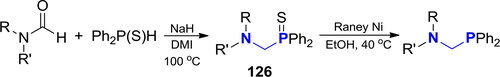 Scheme 82. Synthetic path to P,N-acetals via a reaction of Ph2P(S)H with formamides.[Citation315]