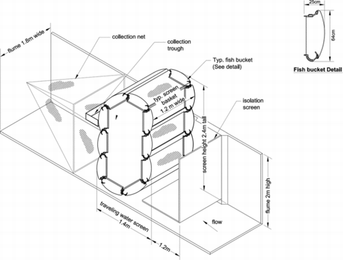 FIGURE 1. Schematic diagram of the test flume, including the isolation screen, traveling water screen, collection trough, and collection net.