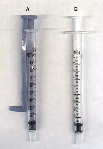 Figure 1 (A) The Suh precision syringe and (B) a conventional syringe.