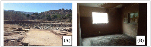 Figure 1. Field photographs (A) destroyed house (B) flood lines inside a house.