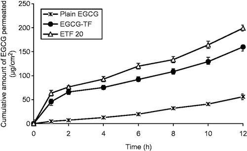 Figure 5. In vitro skin permeation profiles of plain EGCG solution, transfersomes containing EGCG and transfersomes containing EGCG and HA (ETF20). Results are presented as mean ± SD (n = 3).