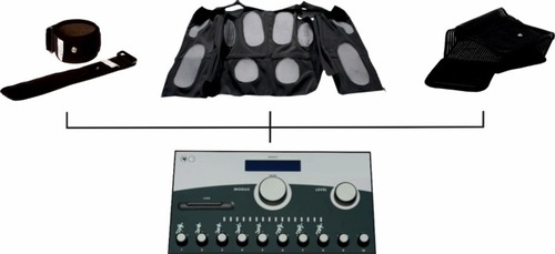 Figure 2 WB-EMS equipment with operator device and electrodes (vest, arm-, leg-, gluteal-cuffs).
