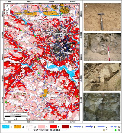 Figure 7. Weathering grade and geotectonic map of the study area. Notes: (1) alluvial deposits; (2) conglomerates and relative covers; (3) class VI; (4); class V; (5) class IV; (6) class III; (7) normal fault; (8) left-lateral transcurrent fault reactivated as normal fault; (9) fault with undetermined kinematics; (10) uncertain thrust; (11) studied weathering profiles; (12) samples collected for the petrographic analyses.