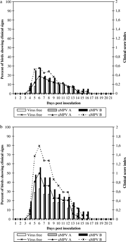 Figure 1.  Percentage of broilers per group showing clinical signs and clinical score indices from (1a) Experiment 1 and (1b) Experiment 2. Bar graph shows the percentage of birds/group showing clinical signs, line graph shows clinical score indices of the groups. n = 5/group and experimental day. Clinical score index = the sum of scores observed/total number of chickens per group at each day point. Chickens that received virus-free TOC medium were free of clinical signs throughout both experiments.