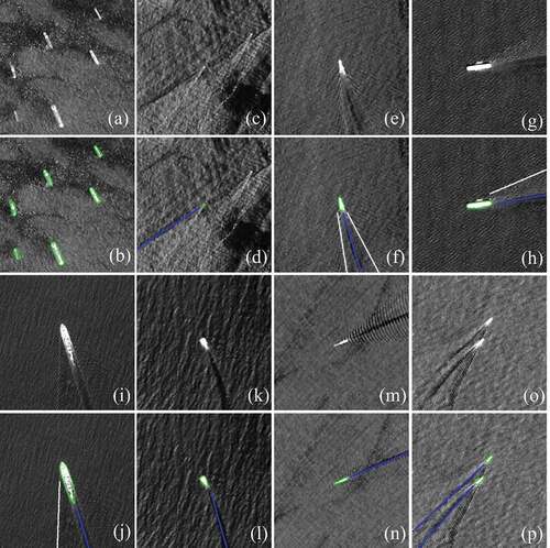 Figure 7. Ship detection and classification results for different scenario. The green polygons were boundaries of ship hulls. Blue and white lines demonstrate dark and bright linear wakes, respectively.