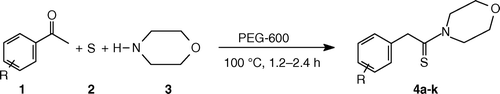 Scheme 1.  Synthesis of thiomorpholide using PEG-600 as green reaction media.