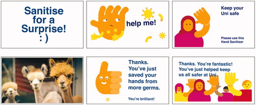Figure 4. Developed motion graphics for display on the sanitizer unit screens (Animation stills – copyright held by author. Meme reproduced under the Unsplash Licence).