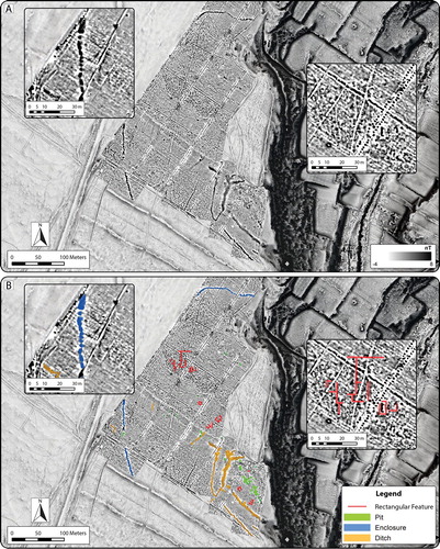 Figure 6. Results of magnetometry survey at Guletta. A) Magnetogram depicting features with high magnetic contrast to surrounding environment. B) Interpretation of principal pre/protohistoric features visible in the magnetic prospection dataset. Insets: Section of outermost linear anomaly (left) and area of potential rectilinear feature (right). Background: 50 cm spatial resolution ALS-derived DTM visualization (Sky-view factor, local relief model and multiple hillshade).