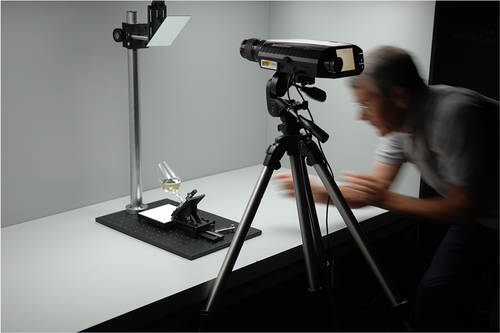 Figure 1 Experimental setup for measurement of wine transmittance in situ within a D65 standard viewing booth.