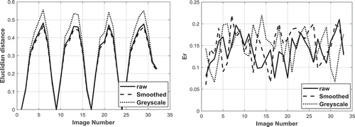 Figure 4. (a)The Euclidian distance as a function of input image number of smoothed, non-smoothed and greyscale images for the native stage of the surgery #1 (b) The Er values as a function of input image number of smoothed, non-smoothed and greyscale images for the native stage of the surgery #1