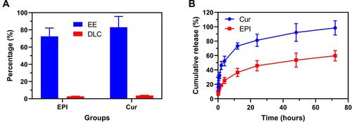 Figure 2 (A) The EE and DLC of EPI and Cur in the CNPs. (B) The release curve of Cur and EPI from CNPs in 0.9% NaCl.