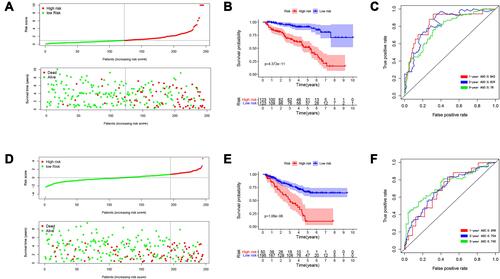 Figure 4 Identification and verification of survival-predicting signature. (A) The distribution of risk score, survival time and survival status of ccRCC patients in the training group. (B) Kaplan–Meier curves in the high- and low-risk groups of ccRCC patients in the training group. (C) The ROC curve over time in the training group. (D) The distribution of risk score, survival time and survival status of ccRCC patients in the testing group; (E) Kaplan–Meier curves in the high- and low-risk groups of ccRCC patients in the testing group; (F) The ROC curve over time in the testing group. P < 0.05 was considered as statistically significant.