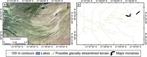 Figure 9. An example of some linear features mapped as possible glacially streamlined terrain: (a) image from norgeibilder.no (24/08/2016), (b) subset of resulting map (presented at 1:12,000 scale). While there appears to be some semblance of ridges aligned parallel to each other and with a similar orientation, they are subdued to the extent they are not all discernible on the DEM. Approximate image location: 69°52′26.50″N, 21°29′48.77″E.