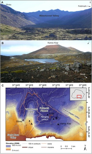 Figure 5. (A) The U-shaped trough of the Watertunnel Valley, looking northwards from the bottom end of the valley. (B) On the Feldmark Plateau, a (terminal) moraine found inland of Karoo Kop is associated with a cirque near Snok (double arrows indicate north). (C) The hillshade and DSM of the Feldmark Plateau and Watertunnel Valley (inset shows the location on an island scale). The perspectives of photos in A and B are indicated by black arrows and the location of the hanging valley near Watertunnel Valley are shown. The mapping symbology used for line symbols on the Main Map is presented. See text for details and Figure 1 for places names.