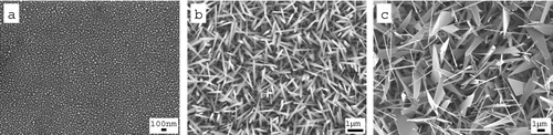 FIG. 2 FE-SEM images of ZnO nanowires at furnace temperatures of (a) 800°C, (b) 900°C, and (c) 1000°C and at an oxygen flow rate of 10 sccm.