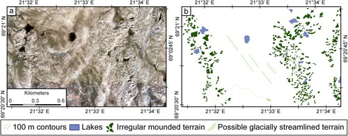 Figure 6. Three swaths of irregular mounded terrain formed in parallel with each other in an area of subdued topography in the plateau region of central Troms and Finnmark: (a) image from norgeibilder.no (24/08/2016), (b) subset of resulting map (presented at 1:8000 scale). The mounds show no dominant shape or orientation but form bands (≤ 500 m wide) of densely spaced mounds. Approximate image location: 69°20′44.79″N, 21°33′27.13″E.