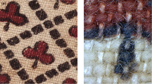 Fig. 10. Printed cotton-linen fabric (Blackburn grey), 1760: (a) photograph, (b) micrograph captured with a Dino-Lite AM7013MZT portable microscope at ×60 magnification. Note: The take-up of the colours on the vertical linen warp yarns is poor, producing a speckled effect. Source: London Metropolitan Archives, A/FH/A/9/1/166: Foundling Hospital Billet Books, January 1760, Foundling no. 15149.Image copyright London Metropolitan Archives, City of London. © Coram.