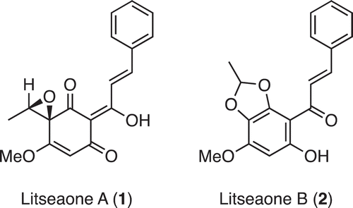 Figure 1. Structures of litseaones A (1) and B (2).