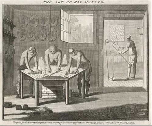 Figure 2. The planking process in the mid-18th century, showing the bow and hurdle to the rear (reproduced from the Universal Magazine).