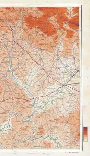 Plate 5. Detail from ‘Zaragoza–Lérida’, the first sheet of the road map at 1: 200 000 scale to be printed in 1937 by the Sezione Topocartografica. Relief is indicated by contours and hypsometric tinting (the seven-class scale is given in the margin). This was the preferred map series of the German air force for bombing Republican territory. (Reproduced with permission from the Institut Cartogràfic de Catalunya. Cartoteca, Fons Monés, RM.209.671.)