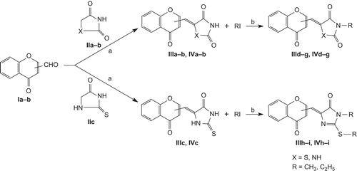Scheme 1.  General synthesis of IIIa–i/IVa–i. (a) CH3COONa/CH3COOH, (b) Na2CO3/DMF.