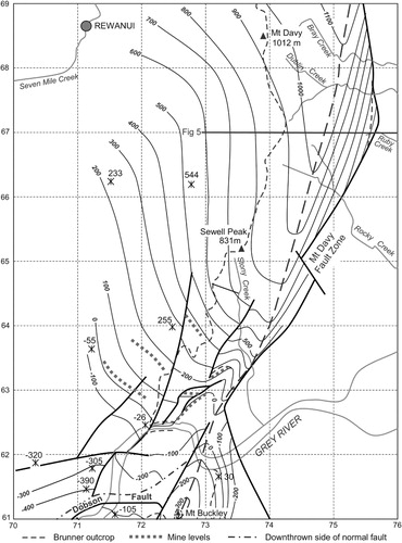 Figure 2 Structure contours (m) on the base of the Brunner Coal Measures: Mount Buckley north to Mount Davy, and the eastern slopes of the Mount Davy–Sewell Peak ridge. The positions of the cross-section lines for Figs 5 and 6 are shown.