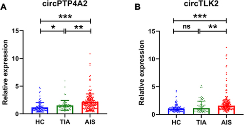 Figure 7 Relative levels of (A) circPTP4A2 and (B) circTLK2 via qRT-PCR in the replication sample (n=100/66/200, healthy control [HC]/transient ischemic attack [TIA]/acute ischemic stroke [AIS]). Median ± interquartile range, Kruskal–Wallis ANOVA test followed by Bonferroni correction pairwise comparisons. *P < 0.05; **P < 0.01; ***P < 0.001.