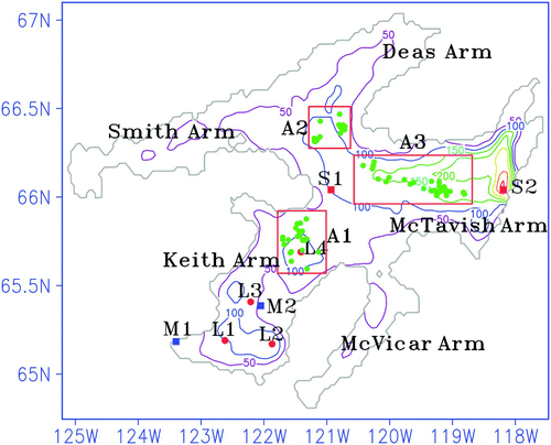 Fig. 1 Bathymetry (metres) of Great Bear Lake in the model domain and temperature moorings (solid red circles), APEX profiling buoys (solid green circles) and meteorological stations (solid blue squares).