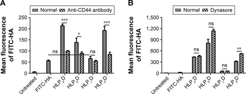 Figure 9 DiI intensity of HLPD (HLPaD, HLPbD, HLPcD, and HLPdD) in SMMC-7721 cells incubated for 4 h in the absence (normal group) and presence of (A) anti-CD44 antibody (50 μg/mL) pretreated for 1 h and (B) dynamin inhibitor I with 0.2% DMSO in the solution (DI; dynasore, 80 μM) pretreated for 1 h.Notes: Untreated group represents the cell cultured without Q-complexes. LPD: a cationic liposome, multifunctional peptide, and DNA at optimized ratios; HLPD: H represents hyaluronic acid, L represents cationic liposome that was composed of DOTAP/DOPE at a 1:1 weight ratio, P represents peptide (Pa–Pd refers to the different peptide used), and D represents DNA. The means of four replicates ± standard deviation are: ns, P>0.05; *, P>0.05; **, P>0.01; and ***, P>0.001.Abbreviations: FITC, fluorescein isothiocyanate; HA, hyaluronic acid; DOTAP, 1,2-dioleoyl-3-trimethylammonium-propane; DOPE, 1,2-dioleoylsn-glycero-3-phosphatidyl-ethanolamine; ns, not significant.