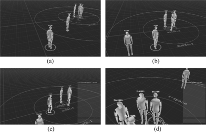 FIGURE 8 A scenario described by a sequence of four figures: (a) The avatar starts moving to reach the destination issued by the user and marked on the ground; (b) The avatar approaches the conversation and the members of it glance at the newcomer; (c) The avatar joins the conversation while the other members move away to make space; (d) The avatar leaves the conversation while the rest of the group rearrange.