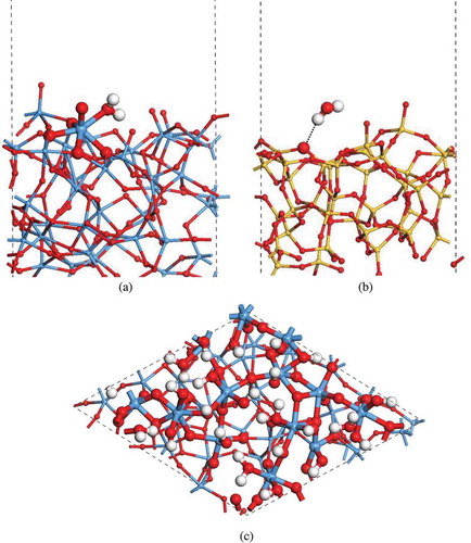 Figure 2. The adsorption structures of a single H2O molecule on amorphous (a) Ta2O5 and (b) SiO2 surfaces, respectively. (c) The structure of amorphous Ta2O5 surface covered by a thin layer of H2O.