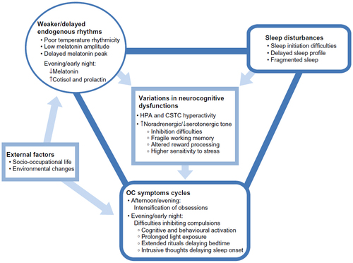 Figure 1 Proposed interactions between OCD pathophysiology, the sleep–wake cycle, and biological rhythms.