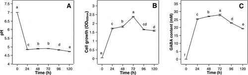 Figure 6. Effect of fermentation time on pH (a), cell growth (b) and GABA accumulation (c) by P. pentosaceus MN12. Cells were grown in MRS broth in optimal conditions for 120 h. The measurements of pH, cell growth and GABA content were taken at 24 h intervals. Data are means ± SD from triplicate experiments. Means without a common letter differ significantly (P < 0.05)