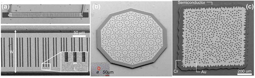 Figure 8. Device pictures of disordered THz QCL resonators with a quasi-crystal structures implemented in a) 1D [105] or b) 2D [40] cavity geometry and c) picture of a random THz laser [110]