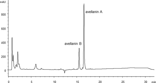 Figure 3. HPLC chromatogram of culture extract of H. insecticola NRRL35442 (static culture, A-16 medium, 21 days, HPLC condition A monitored at 254 nm).