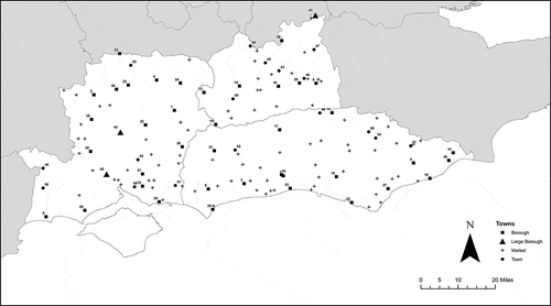 Illus. 1 The distribution of towns and markets in the study area. Boroughs: 1: Alton; 2: Andover; 3: Arundel; 4: Basingstoke; 5: Battle; 6: Bletchingley; 7: Bramber; 8: Chichester; 9: Christchurch; 10: Dorking; 11: East Grinstead; 12: Fareham; 13: Farnham; 14: Guildford; 15: Haslemere; 16: Hastings; 17: Horsham; 18: Kingston; 19: Lewes; 20: Lymington; 21: Midhurst; 22: New Alresford; 23: Newtown; 24: Odiham; 25: Overton; 26: Petersfield; 27: Pevensey; 28: Portsmouth; 29: Reigate; 30: Romsey; 31: Rye; 32: Seaford; 33: Shoreham; 34: Steyning; 35: Stockbridge; 36: Whitchurch; 37: Wickham; 38: Winchelsea; 39: Withering; Larger Towns: 40: Southampton; 41: Southwark; 42: Winchester; Other Towns: 43: Bishop’s Waltham; 44: Chertsey; 45: Cobham; 46: Crawley; 47: Croydon; 48: Fordingbridge; 49: Gatton; 50: Godalming; 51: Havant; 52: Kingsclere; 53: Leatherhead; 54: Mayfield; 55: Petworth; 56: Ringwood; 57: Fordingbridge; 58: Rotherfield; 59: Titchfield.