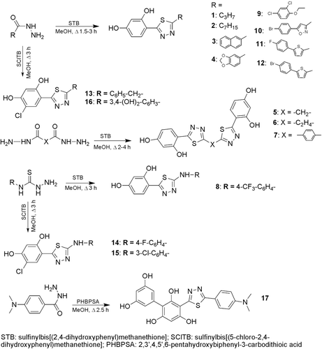 Figure 1.  Synthesis scheme of (1,3,4-thiadiazol-2-yl)benzene-1,3-diol derivatives.